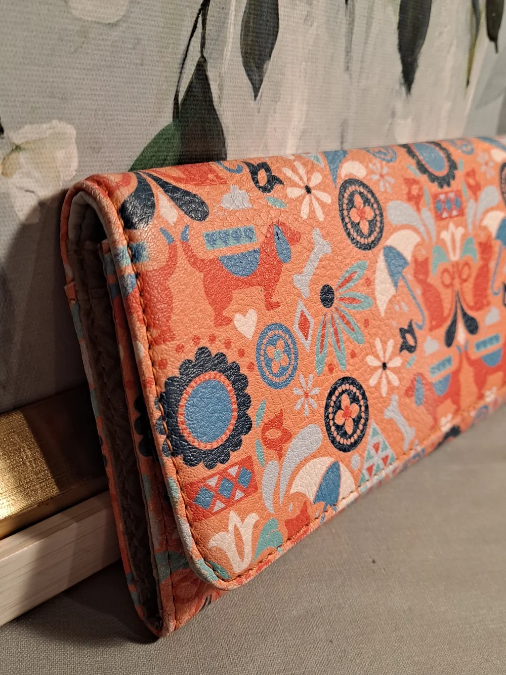 Relic Coral Blue Raining Cats & Dogs Floral Geometric TriFold Flap Wallet Retro